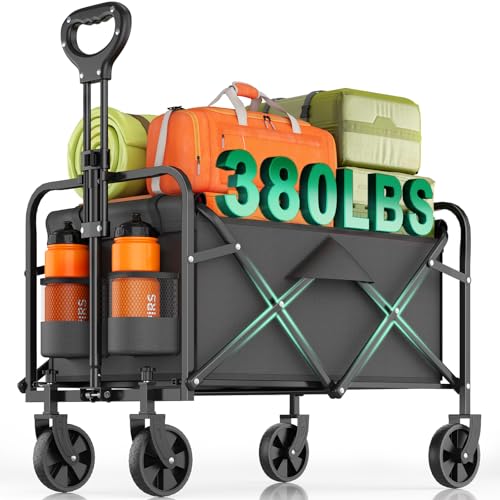 InBrave Heavy-Duty Collapsible Wagon Cart, Foldable Utility Cart with Extra Large Capacity and Drink Holders for Shopping, Camping, Grocery, Sports