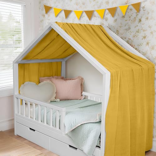 ToxyJopy Cama de casa con dosel de 100% muselina de algodón, decoración hecha a mano con cortina de tela, dosel para cama de casa