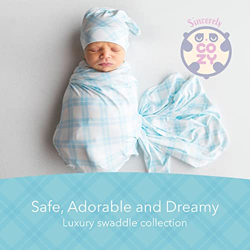 Image of Luxury Rayon from Bamboo Hat & Baby Swaddle for Newborns 0-3 Months, Baby Blue Plaid Newborn Swaddle Blanket for Baby Boys & Girls, Hypoallergenic, Breathable & Buttery Soft