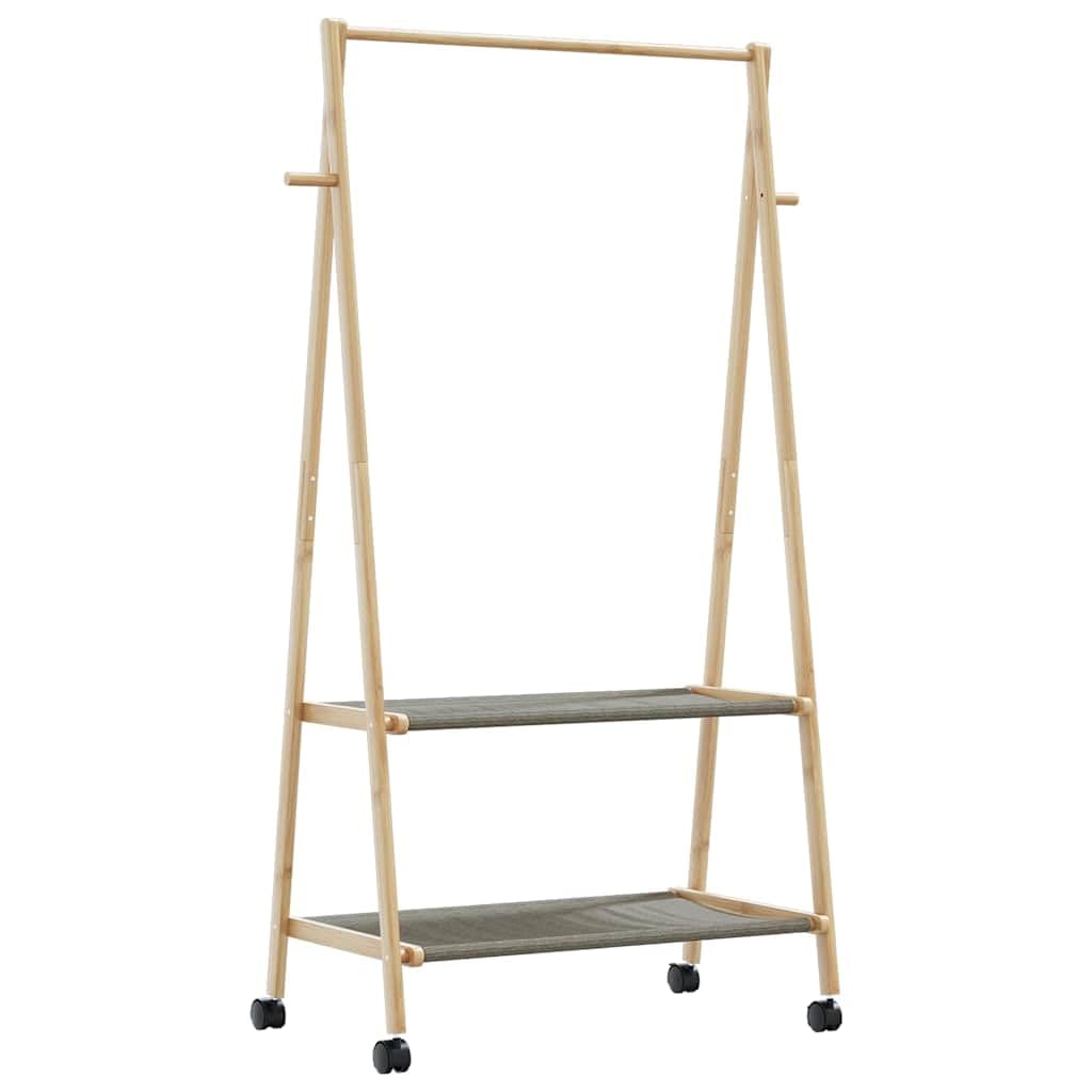 Kleiderständer aus Bambus mit Ablagen und Rollen 96x45,5x155,5 cm, klappbar und rollbar, Garderobenständer mit Kleiderstange, Ablageflächen