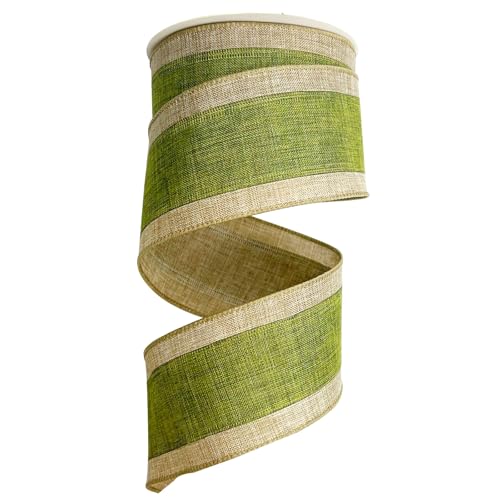 anshome 2.5 X 10 Yards Green Linen Stripe Wired Ribbon Spring Green Farmhouse Craft Ribbon for DIY Gift Wrapping Wreath Spring Holiday Easter Tree Bow Decoration