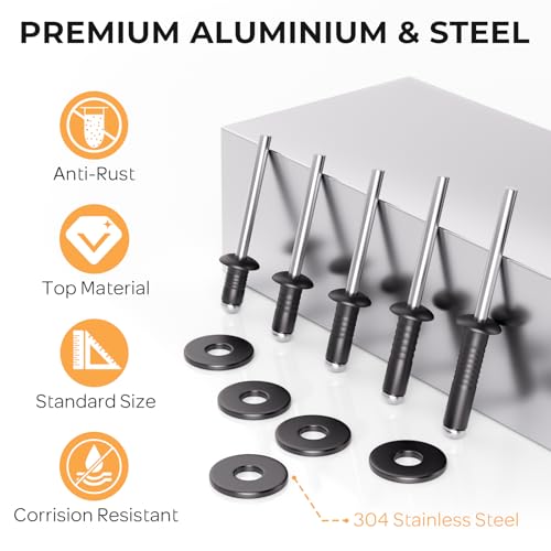 Image of INCLY 200Pcs 3 /16 Inches Pop Rivets Assortment Kit, 5 Sizes Aluminum Black Rivets for Metal 3 /16 inch x 5 /16 inch 3 /8 inch 1 /2 inch 5 /8 inch 3 /4'' and 304 Stainless Steel Washers with Storage Case