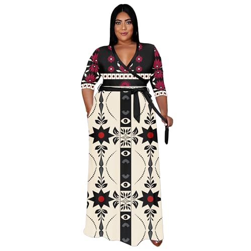 Image of Nmoder Plus Size Maxi Dress for Women - Summer Casual 3 /4 Sleeve Floral Flowy Long Dress with Belt XL- 6XL