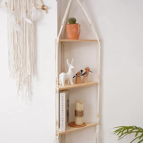 3 Tier Cotton Macrame Hanging Corner Shelf, Indoor Plants Hanging Shelves, Boho Wall HangingShelves, Handmade Woven Beige Floating Shelf for Rustic or Bohemian Farmhouse Bedroom Decor