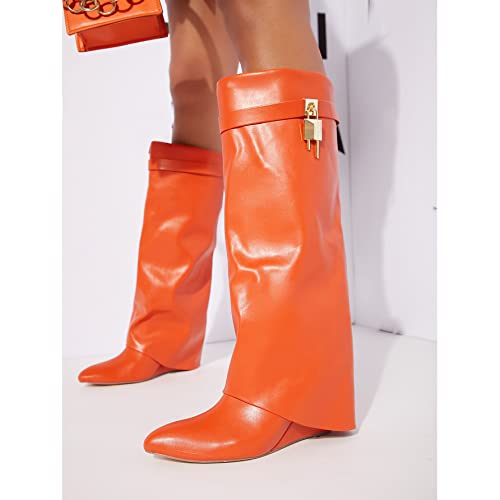 Image of keleimusi Fold Over Wedge Boots Heeled PadLock Pant Knee High Shoes Tall /Short Booties