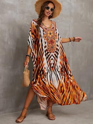 Image of Moss Rose Kaftan Dresses for Women V Neck Summer Swimsuit Cover up Caftan Maxi Beach Dresses
