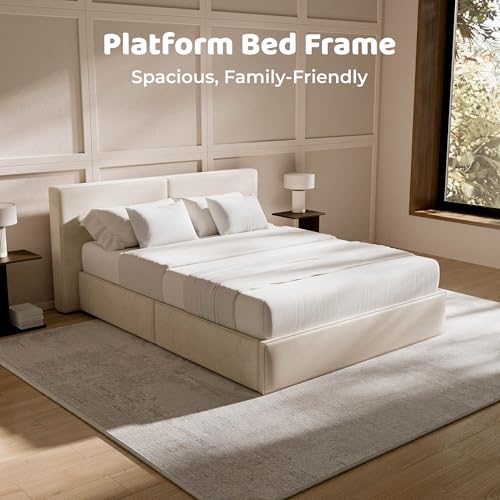 Image of RECCI Queen Platform Bed Frame with Plush Upholstered Headboard 6-Inch, Easy Assembly, Noise-Free Stability (Beige, Queen (U.S. Standard))