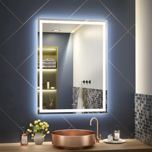 Image of TEX-RO LED Bathroom Mirror with Lights | Anti-Fog Dimmable Vanity Mirror for Wash Basin | Frameless Wall Mirror for Bathroom | Touch Sensor, IP44 Waterproof, CRI>95, Memory Function - 24x18 Inch