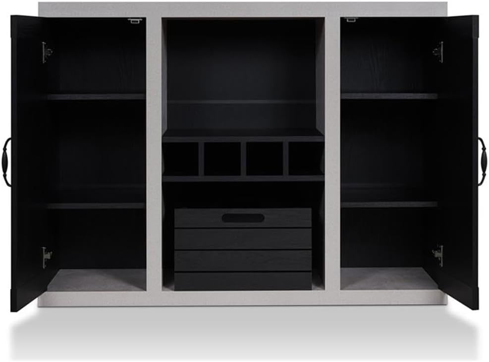 Bowery Hill Industrial Wood Wine Rack Buffet, Black and Cement Finish, 47.25"W x 15.6"D x 34.96"H, MDF and Particle Board, Slatted Cabinets, Wine Bottle Holder, Removable Crate, Dining Room Storage