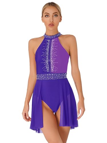 Freebily - Freebily Robe de Danse Contemporain Femme Leotard Danse Lyrique Moderne Performance Femme Justaucorps Ballet Patinage Gymnastique Jupe YA Strass Violet S