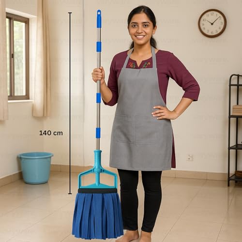 Image of Microfiber Mop with Heavy-Duty 4-Part Stainless Steel Handle - Washable Refill, 38cm Long Threads, for Wet & Dry Cleaning of Tile, Wooden & Marble Floors (Blue, Full Set)