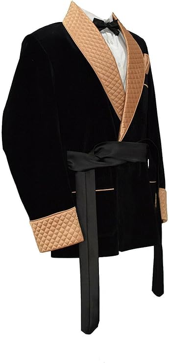 Men Smoking Black Velvet Jackets,Golden Satin Qulted Robe Dinner Jacket,Smoking House Party Coat3