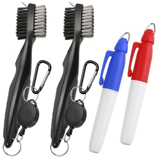 Borogo 2PCS Golf Club Brush Groove Cleaner with 2 Ft Retractable Zip-line and Aluminum Carabiner Cleaning Tools Black