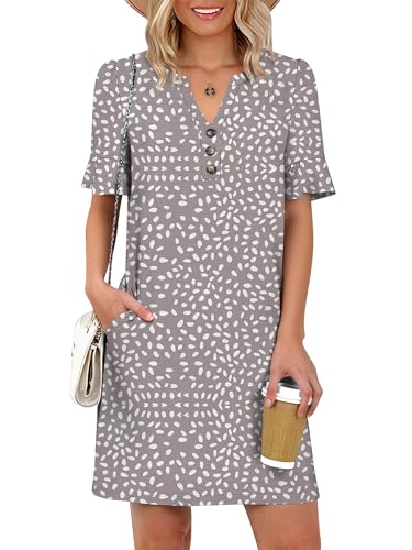 Image of Prinbara Womens Summer Casual Dresses Ruffle Short Sleeve V Neck Button 2026 Spirng Vacation Beach Loose Boho Shift Dress