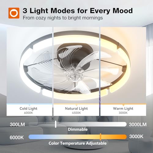 Image of addlon Ceiling Fans with Lights and Remote, 20'' Low Profile Ceiling Fan, 3000-6000K Dimmable Modern Flush Mount Fandelier for Bedroom, Kitchen, Living Room, Black