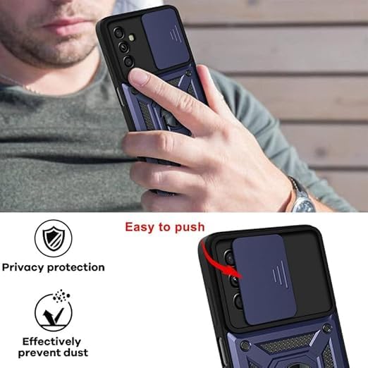 Image of Designerz hub Samsung Galaxy M56 5G Back Cover | Heavy Duty Hybrid Case with 360 Degree Rotating Finger Ring Holder + Slider Shutter Camera Protection Case for Samsung Galaxy M56 5G- Blue