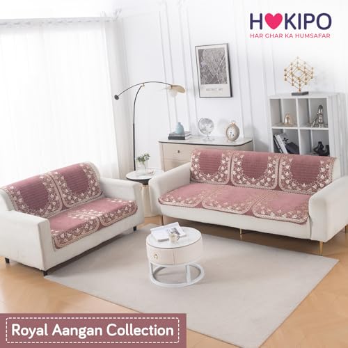 Image of HOKIPO Gulabi Jaal Premium Chenille Jacquard Sofa Cover 3 Seater and 2 Seater Set - 5 Seater Sofa Cover (3+2) for Seat & Back | 'Royal Aangan Series' (IN-1008-L1*2 + IN-1007-L1*2)