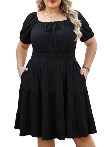 Younrui Black Tie Dresses for Women Plus Size Drawstring Short Sleeves Square Neck Midi Funeral Dress with Pockets(4XL-1060-Black)