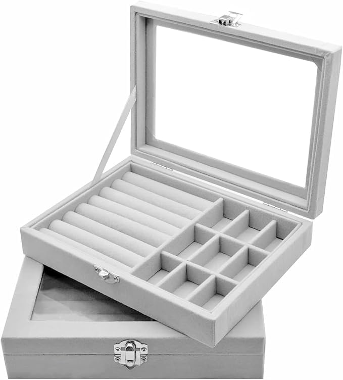 Image of Velvet Jewellry Drawer Organizer Stackable Tray (Grey, Ring+Grid Box)