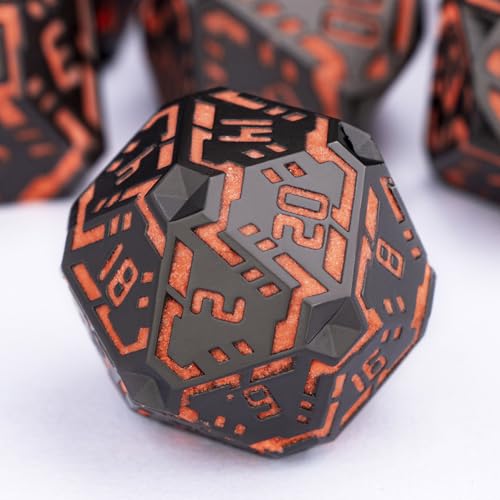 OGCOPHEN Metal DND Sci-fi Dice Set 7PCS Luminous Orange Stripe Polyhedral Dice for Dungeons Dragons RPG Role Playing Game, Glitter D and D Dice with Gift Box D6 D8 D10 D12 D20