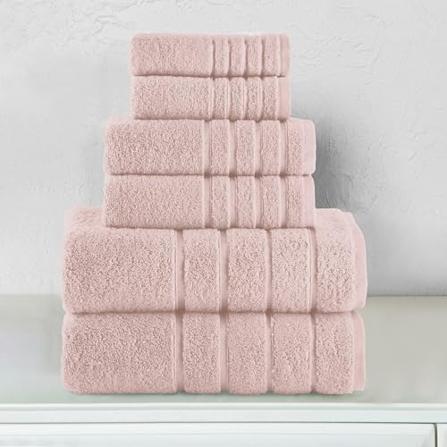 Image of Elegant Comfort 4 Lines Viscose Stripe 6-Piece Premium Towel Set - 100% Turkish Cotton High Absorbent Luxury Bathroom Towels - Includes 2 Washcloths, 2 Hand Towels and 2 Bath Towels Set, Dusty Rose