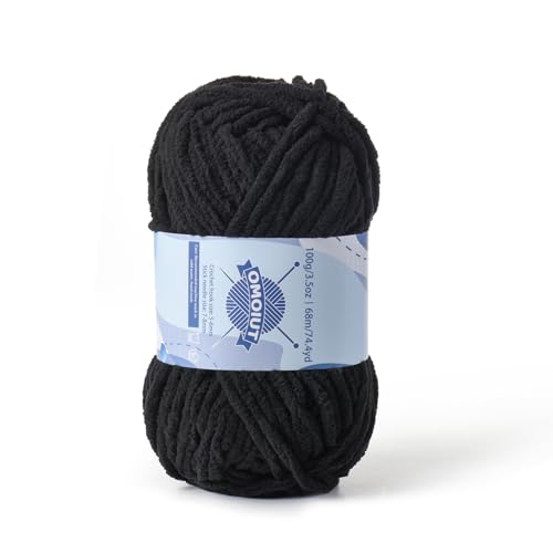 Image of Chunky Chenille Yarn for Crocheting, Baby Yarn for Crocheting Soft Blankets, Bulky Yarns for Crochet Amigurumi, 100g (74.3yds) Fluffy Velvet Yarns for Hand Knitting (Black)