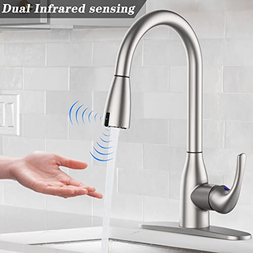 Touchless Kitchen Faucet With Pull Down Sprayer, Double Sensor Pulldown Faucet, High Arc Single Handle Faucet For 3 Hole Deck Mount (Brushed Nickel) #TOP1