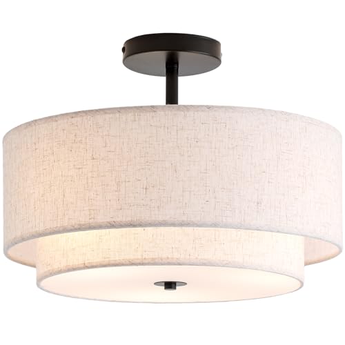 16″ Double Drum 3-Light Semi Flush Mount Ceiling Light, Classic Fabric Linen Shade Design for Living Room, Bedroom, Kitchen, Dining Room, Hallway and Entryway