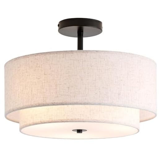 CALOKES 16" Double Drum 3-Light Semi Flush Mount Ceiling Light, Classic Fabric Linen Shade Design for Living Room, Bedroom, Kitchen, Dining Room, Hallway and Entryway