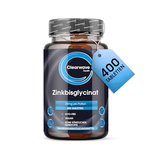 Hochdosierte Zink Tabletten 25mg | 400 vegane Tabletten | Vorrat für 13+ Monate | Hoch bioverfügbares Zink Bisglycinat für Männer und Frauen | Von Clearwave Health Hochdosierte Zink Tabletten 25mg | 400 vegane Tabletten | Vorrat für 13+ Monate | Hoch bioverfügbares Zink Bisglycinat für Männer und Frauen | Von Clearwave Health