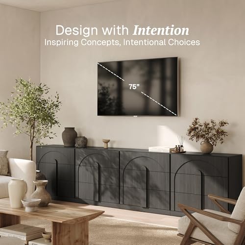Image of BELLEZE Sideboard Cabinet with 3 Drawers, Set of 4 Modern Wood Buffet Cabinet with Arc Design, Large Fluted Sideboard with Storage for Kitchen Living Room Entryway, Ebony