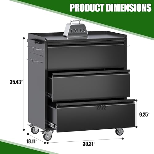 Image of Aobabo Garage Storage Cabinet with 3 Drawers and 4 Hooks,Metal Storage Cabinet with Wheels for Garage Home,Required Assembly,Black,18.11 inch D x 30.3 inch W x 35.4 inch H