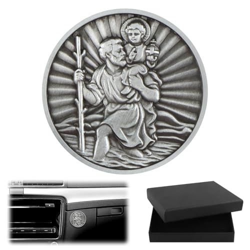 DXLing Médaille de Saint Christophe pour Voiture Ø 4cm avec Aimant et 4 Autocollants Adhésifs Double Face - Protecteur des Conducteurs - Ange Gardien...