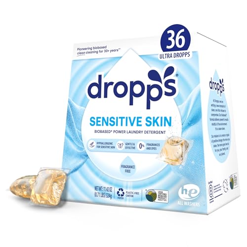 Image of Dropps Sensitive Skin Laundry Detergent Pods, Unscented (36 Count) - Dermatologist Tested Laundry Pods - HE Compatible Laundry Supplies for Clean Clothes, Vegan & Dye-Free