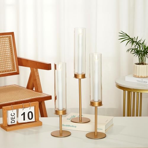Denique Gold Hurricane Candle Holder Set of 3, Matte Gold Glass Taper Candle Holders, Gold Candlesticks Holders for Table Centerpiece, Wedding, Dining, Party Christmas Decoration