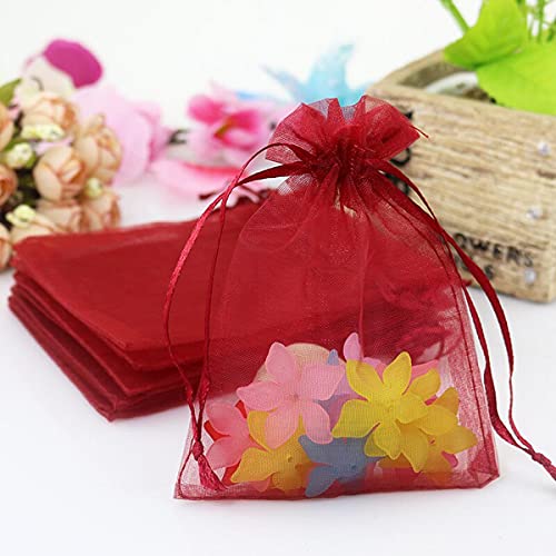 Packs-of-100-Gift-Organza-Bags-Burgundy-Drawstring-5x7-Inch-for-Baby-ShowerChristmasBirthdayParty-FavorsWeddingCollege-Graduation-Sheer-Mesh-Fabric-Wrap-Recycled-Sachet-for-JewelryCard