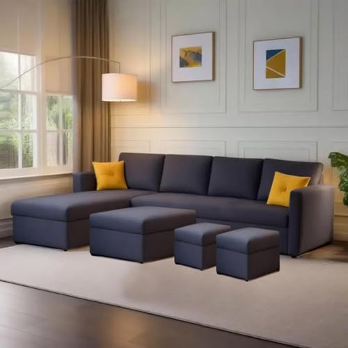 Image of FURNY Arno 8 Seater Fabric LHS L Shape Sofa Set with 1 Centre Table & 2 Ottomans (Dark Grey Color)