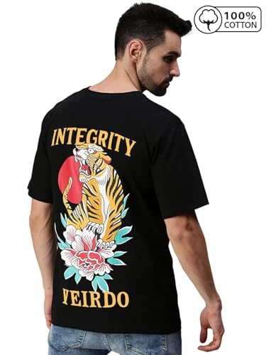 Image of Veirdo Oversized Baggy Fit Pure Cotton Drop Shoulder Half Sleeve & Aesthetic Black & Lilac Back Doodle & Tiger Graphic Printed Round Neck T-Shirt for Men