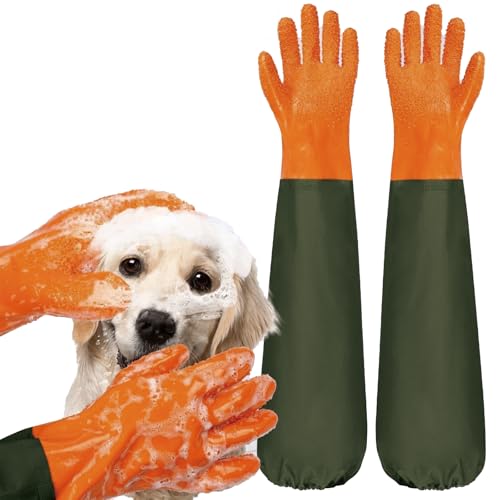 YOFANG Pet Grooming Gloves for Washing Dogs & Cats 27.6 Extra Long Waterproof Rubber Bath Gloves Anti-Bite Anti-Scratch Hair Removal Cat Bath Glove with Soft 3500+ Particles Orange/Green