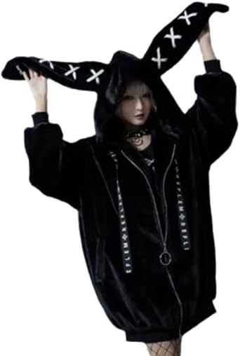 Women Cute Bunny Ear Fuzzy Fluffy Hoodie Harajuku Rabbit Coats Oversized Long Sleeve Tops