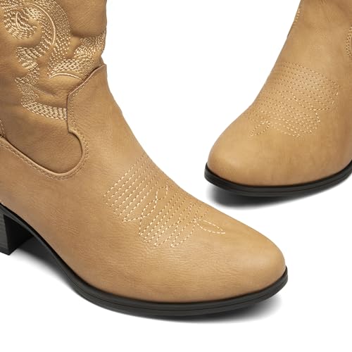 DREAM PAIRS Women's Western Cowboy Cowgirl Embroidered Ankle Boots Fashion Low chunky Heel Round Toe Fall Short Booties Shoes,Size 8,Tan,SDAB2432W