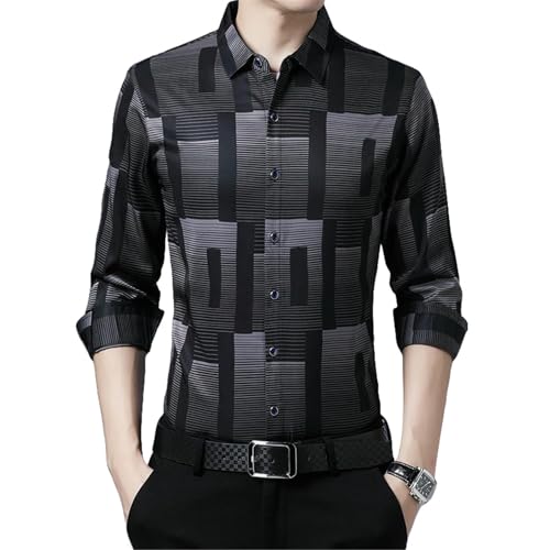 Chemise à manches longues pour homme en coton imprimé plaid col revers