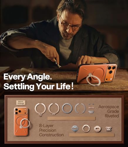Image of TORRAS Q3 VegSkin for iPhone 17 Pro Max Case Leather, 360 Spin Magnetic Stand, Fit for MagSafe, Camera Control, Shockproof Premium Organic Silicone Leather Case for iPhone 17 Pro Max, Burnt Orange