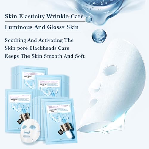 YAFUSIPE Face Mask Skin Care Hydrating Anti Aging Facial Mask Hyaluronic Acid Sheet Pack Deep Moisturizing Hydration Facemask Sheets for Women SkinCare Beauty Smoothing Rejuvenating Growing Gifts10 Sheets