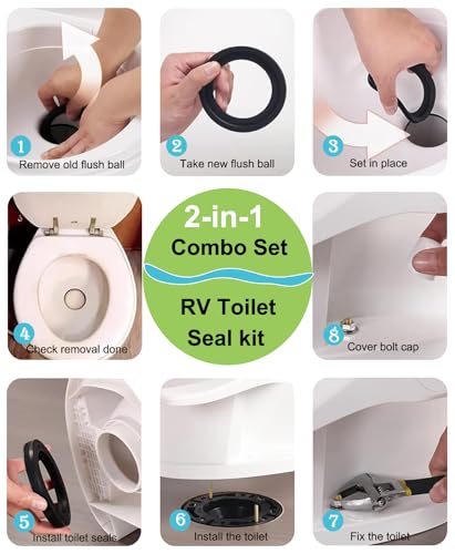 Image of RV Toilet Seal Kit, Replacement for Dometic 300 310 320 Toilets, Includes Flush Ball Seal 385311658 & Base Gasket 385311652 with Mounting Hardware, Fits Camper, Motorhome, and RV Toilets