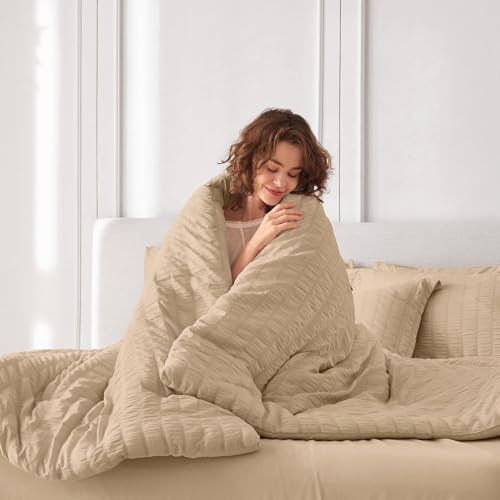 Image of MUXHOMO 7 Pieces King Comforter Set, Seersucker Bed in a Bag King Size, All Season Luxury Bedding Set with Comforter, Flat Sheet, Fitted Sheet, Pillowcases & Shams, Khaki