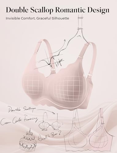 Image of COMFELIE Wireless Full Coverage Bra No Underwire Scalloped Lace Edge Breathable Pink M