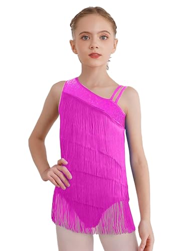 Kaerm Vestidos de baile latinoamericanos niñas vestido de flecos sin mangas vestido de ballet UN hombro vestido de entrenamiento competitivo traje de baile, Rosa intenso., 158-164