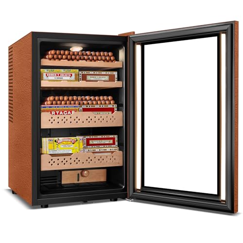 Image of Tylza Leather Trim Cigar Humidor, 70L Cigar Humidor Cabinet with Auto Humidity & Temp Control, 550 Counts, 3 LED Lights, Spanish Cedar Wood, Cigar Humidors with Safety Lock, Gifts for Men