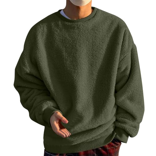 Men Fuzzy Sherpa Sweatshirt Crew Neck Long Sleeve Casual Pullover Top Fall Winter Comfy Loose Basic Sweater Plus Size